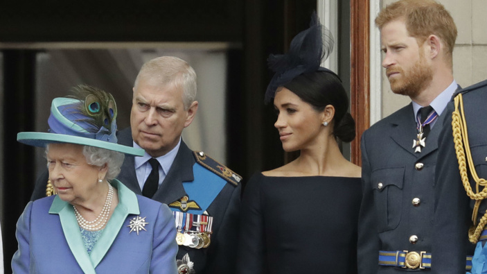 The Queen with the Duke and Duchess of Sussex. (Photo / AP)