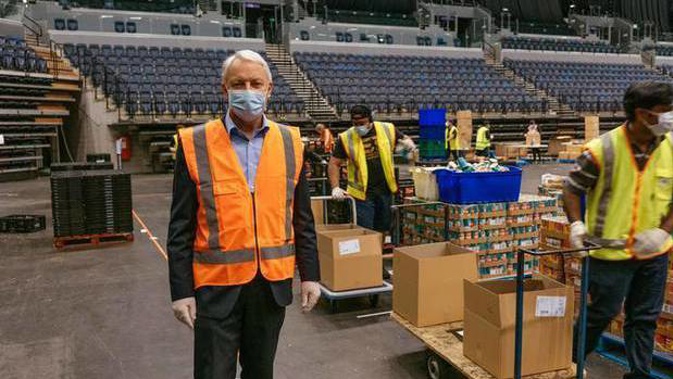 Mayor Phil Goff at the Spark Arena food distribution centre during the first pandemic. Photo / RNZ