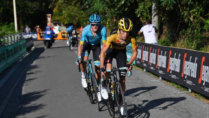 George Bennett tried to attack Jakob Fuglsang on the final climb. Photo / Getty