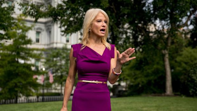 Counsellor to the President Kellyanne Conway speaks to reporters outside the West Wing of the White House in Washington in early August. Photo / AP