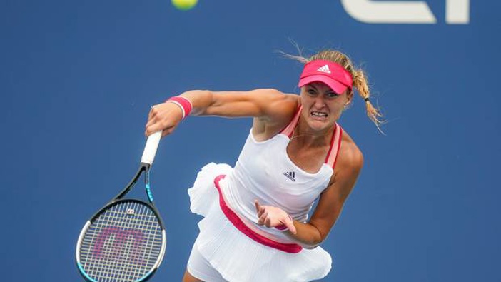 Kristina Mladenovic, of France, serves to Haley Baptiste, of the United States, during the first round of the US Open tennis championships. Photo / AP