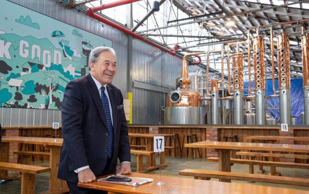 NZ First Winston Peters in the Wild Kiwi Distillery during his visit to Brewtown in Upper Hutt. Photo / Mark Mitchell