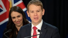 Covid-19 Response Minister Chris Hipkins, watched on by Prime Minister Jacinda Ardern. (Photo / Mark Mitchell)