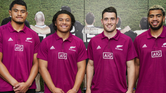 New All Blacks Tupou Vaa’i, Caleb Clarke, Will Jordan and Hoskins Sotutu.