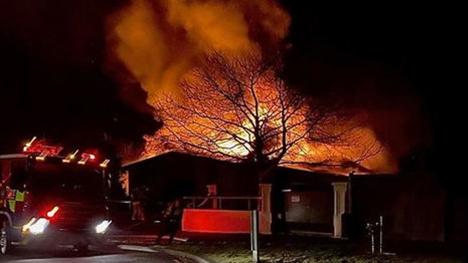 The Kingdom Hall of Jehovah's Witnesses on fire on Monday. (Photo / Jaime Moore)