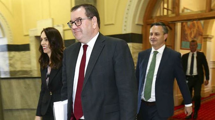 Prime Minister Jacinda Ardern, Greens leader James Shaw and Finance Minister Grant Robertson walk to the house during Budget 2020 delivery day at Parliament. Photo / Mark Mitchell