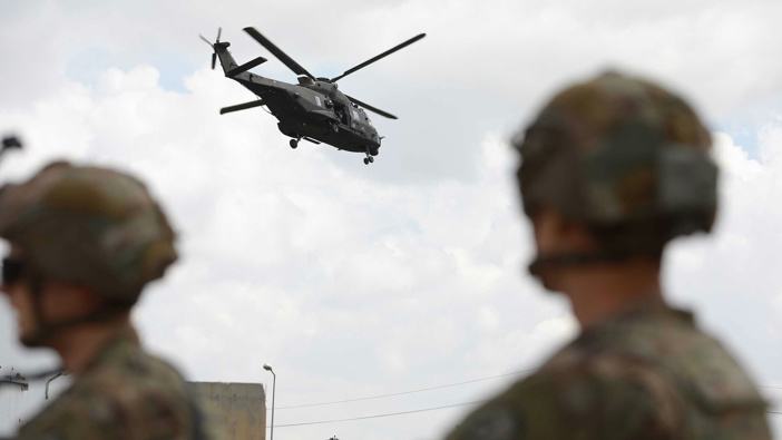 US soldiers stand guard at the K1 Air Base near Kirkuk in northern Iraq on in March 2020.