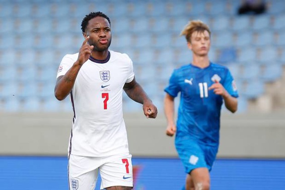 England's Raheem Sterling celebrates after scoring against Iceland. Photo / AP