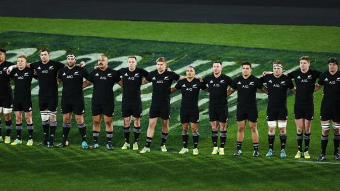 All Blacks players sing the national anthem. Photo / Photosport