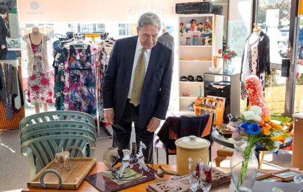 NZ First leader Winston Peters browsing the St John's Opportunity Shop during his visit to Levin. Photo / Mark Mitchell