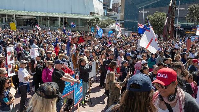 Crowds and signs at the anti-lockdown rally held in Aotea Square in Auckland. Photo / Peter Meecham