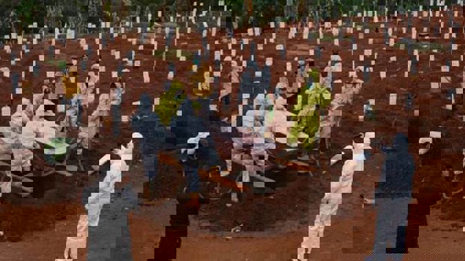 Local authorities in Indonesia ordered eight people who broke the country's face mask laws to dig graves for Covid-19 victims. Photo / Getty Images