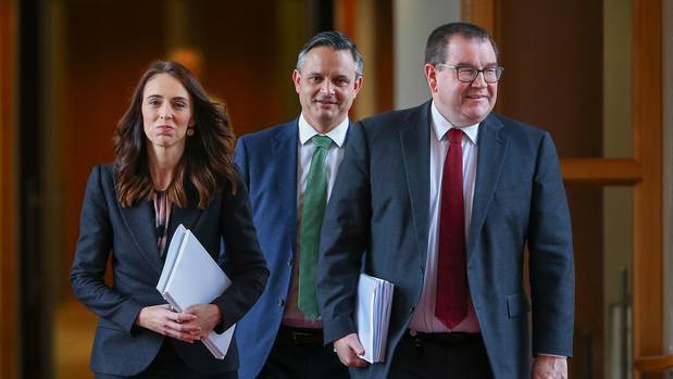 WELLINGTON, NEW ZEALAND - MAY 14: L to R: Prime Minister Jacinda Ardern, Greens leader James Shaw and Finance Minister Grant Robertson. Photo / Mark Mitchell