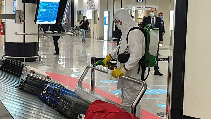 Sanitization operations take place at Fiumicino airport, near Rome, Italy, on the second day of the reopening of inter-regional travel on June 4, 2020.