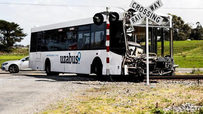 Forty one people were on board the bus when it collided with a train. Photo / Dom Thomas - RNZ 