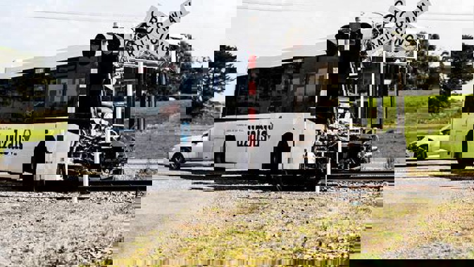 Forty one people were on board the bus when it collided with a train. Photo / Dom Thomas - RNZ