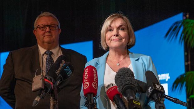 National Party leader Judith Collins with campaign manager Gerry Brownlee during their media conference, after the virtual campaign launch at Avalon Studios in Lower Hutt. (Photo / Mark Mitchell)