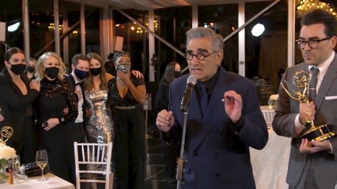 Eugene and Dan Levy accept one of Schitts Creek's seven Emmy wins. (Photo / AP)