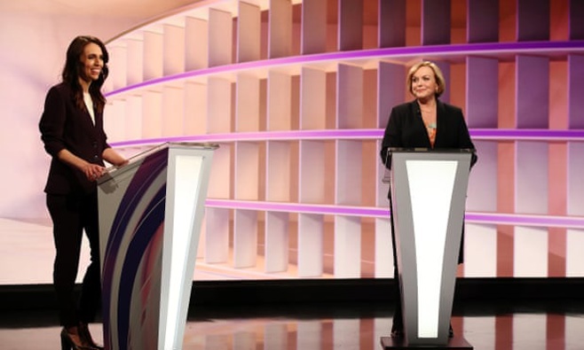 Jacinda Ardern and Judith Collins during the live TV debate. Photograph: / Getty Images