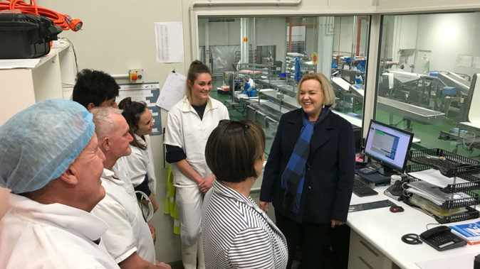 Judith Collins at Westfleet Fresh Seafoods in Greymouth. (Photo / NZ Herald)