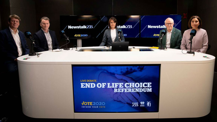 End of Life Choice referendum debate, Stuart Armstrong (left), Dr John Bonning, Heather du Plessis Allan, Prof Rod MacLeod and Dr Mary English.