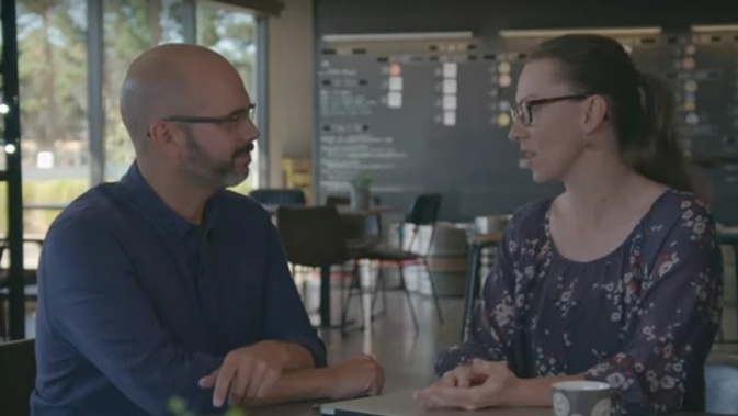 A screenshot from the Sustainable New Zealand Party ad which shows party leader Vernon Tava talking to a woman portrayed as a supporter, but who is actually an actor. Photo / Sustainable NZ