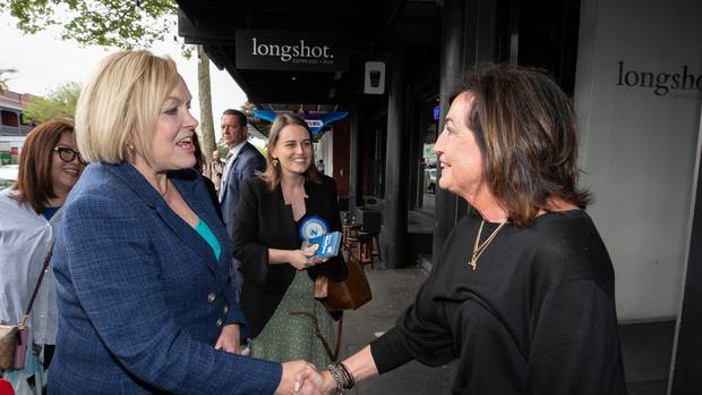 Nation Party Leader Judith Collins along with Auckland Central candidate Emma Mellow. Photo / Brett Phibbs