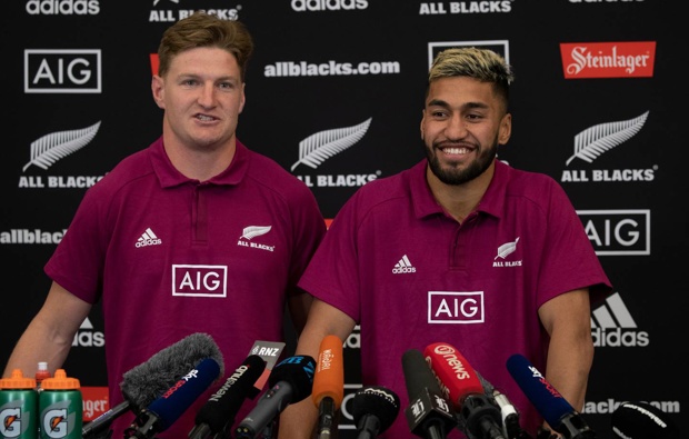Jordie Barrett (left) and Rieko Ioane were two of the more surprising selections at wing and centre respectively, picked out of their specialist positions. Photo / Mark Mitchell
