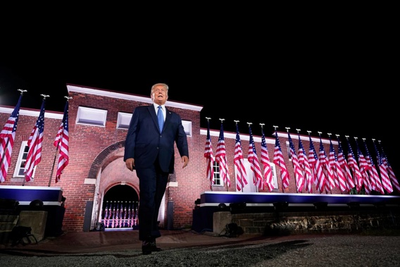 President Donald Trump walks to the stage after Vice President Mike Pence delivered a speech on the third day of the Republican National Convention. Photo / AP