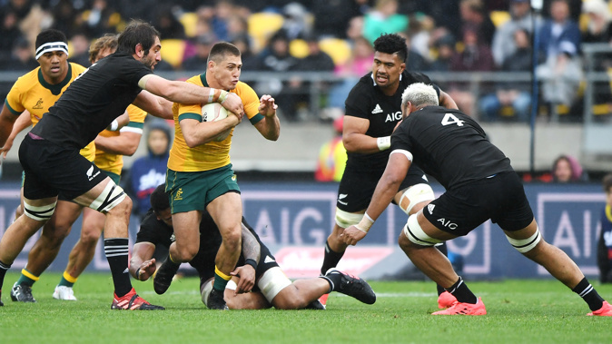 The All Blacks and Wallabies during the test. (Photo / Getty)