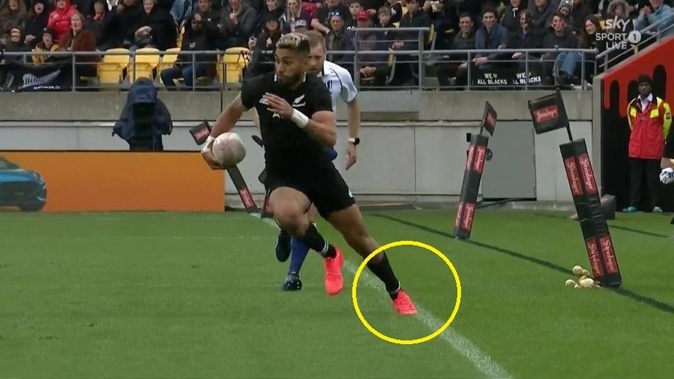 Rieko Ioane's foot is clearly on the white line in the lead up to the opening try. Photo / Sky Sport