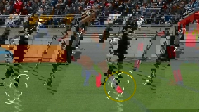 Rieko Ioane's foot is clearly on the white line in the lead up to the opening try. Photo / Sky Sport