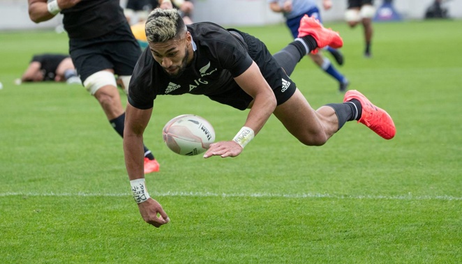 All Blacks centre Rieko Ioane spilling the ball over the line during their 16-all draw with Australia. (Photo / Mark Mitchell)