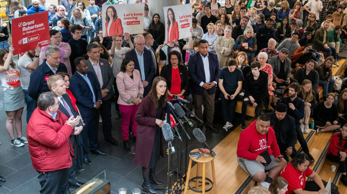 Labour Party leader Jacinda Ardern, flanked by Labour MPs and candidates, during after her speech at Victoria University. Photo / Mark Mitchell