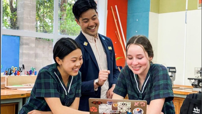 St Cuthbert's technology teacher Michael Zhang with Year 10 students. Photo / Supplied