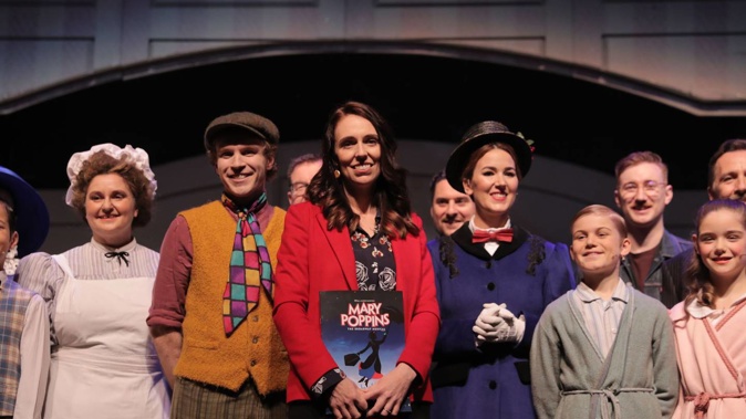 Jacinda Ardern meets the cast of Mary Poppins in Auckland today. Photo / Michael Craig
