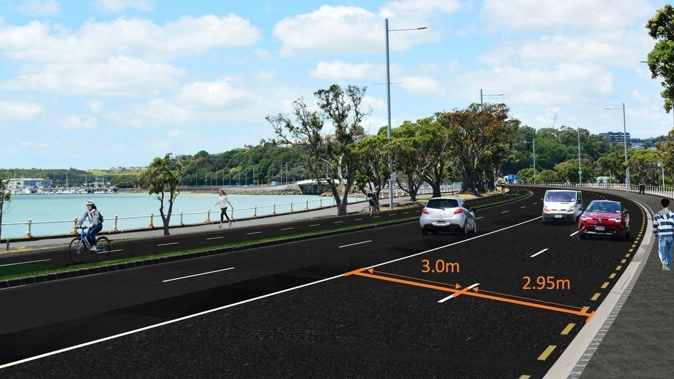 An Auckland Transport design of the road widths of Tamaki Drive. Auckland buses are typically 2.85m wide. Source: Auckland Transport