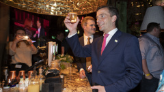 Act leader David Seymour toasts what has been a terrific night for the party. (Photo / Brett Phibbs)