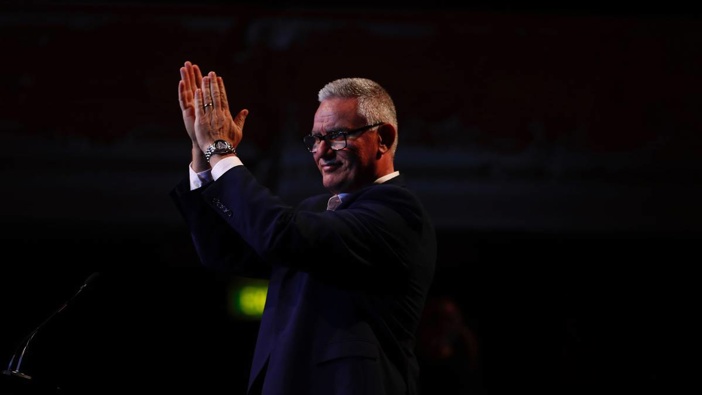 Kelvin Davis applauds Labour party supporters at the Auckland Town Hall as Labour head towards an historic victory in the 2020 election. Photo / Dean Purcell