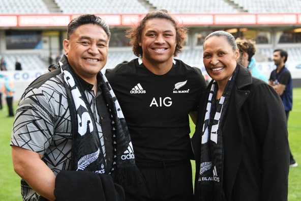 Caleb Clarke with parents Eroni and Siala after the second Bledisloe Cup test. Photo / Photosport