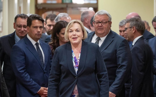 National leader Judith Collins leading their MPs into the press conference after their caucus meeting at Parliament, Wellington. (Photo / Mark Mitchell)