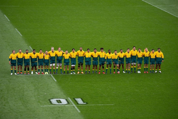 The Wallabies line up for the national anthem ahead of the opening Bledisloe Cup test in Wellington. (Photo / Photosport)