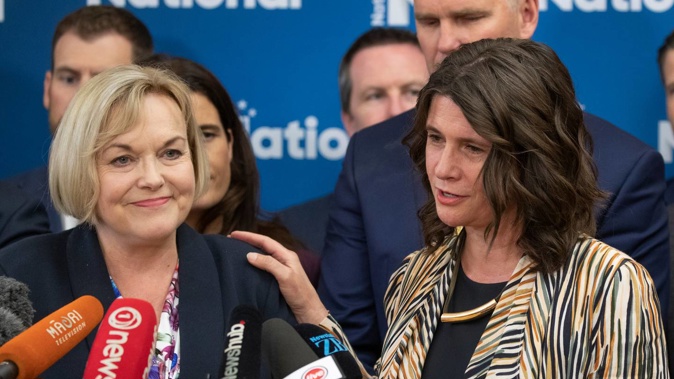 National leader Judith Collins with Maungakiekie MP Denise Lee during their press conference after their caucus meeting at Parliament. Photo / Mark Mitchell