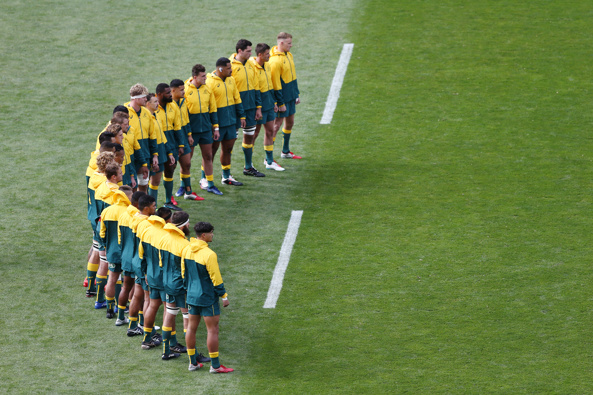 Wallabies players during the national anthem. (Photo / Getty)