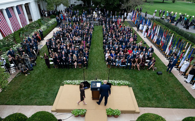 Donald Trump addressing media. Photo / AP