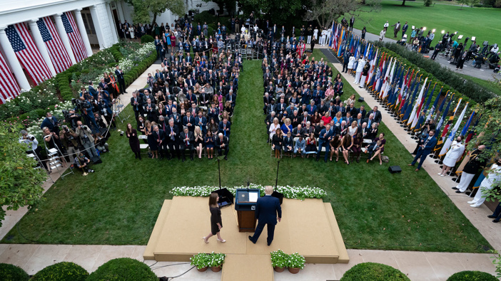 Donald Trump addressing media. Photo / AP