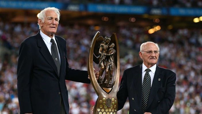 Norm Provan and Late Arthur Summons pose with the Grand Final trophy. Photo / Getty