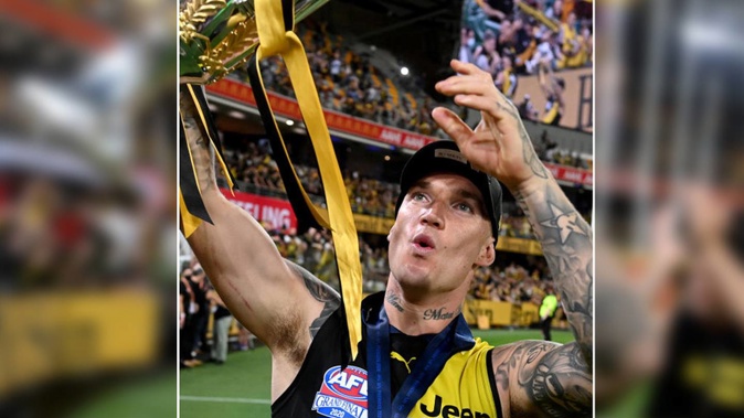 Dustin Martin of the Richmond Tigers celebrates victory after the 2020 AFL Grand Final match against the Geelong Cats in Brisbane yesterday. Photo / Getty