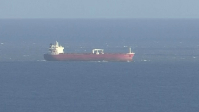 In this image taken from SKY video, shows a tanker at sea, as filmed from land on Sunday Oct. 25, 2020. (SKY News via AP)