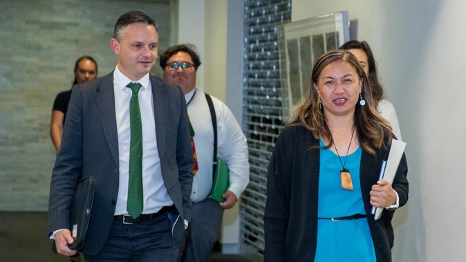 Greens co-leaders James Shaw and Marama Davidson returning from their talks with the Labour leadership at Parliament this evening. (Photo / Mark Mitchell)